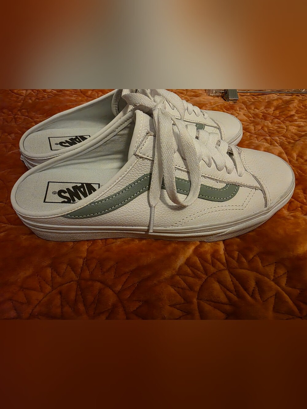 Vans Women's White Leather Sneakers with Sage Side Stripe